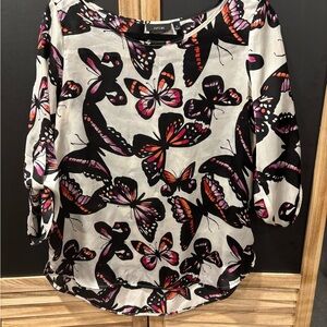 Apt. 9 White Blouse with Black Butterfly Print and Pink & Orange Accents